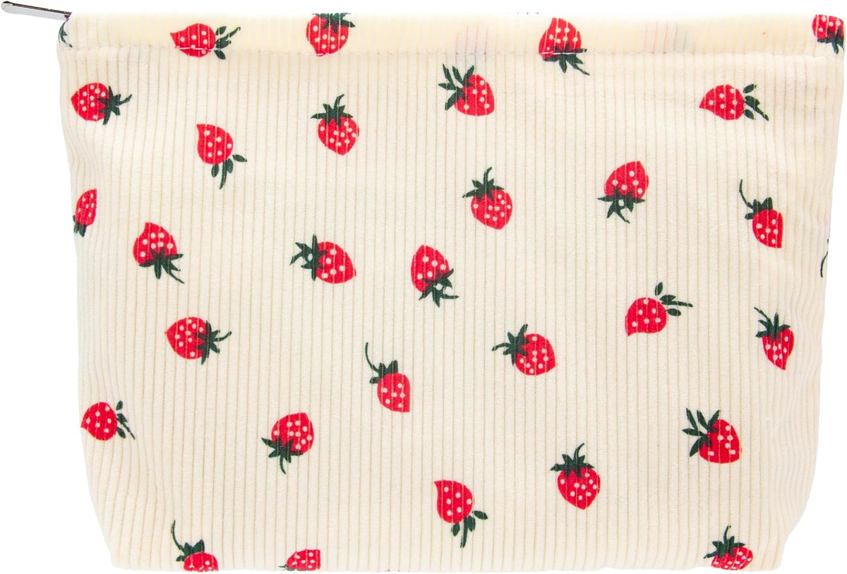 Flat Makeup Bag for Women,Zipper Cosmetic Pouch for Purse,Strawberry Beige