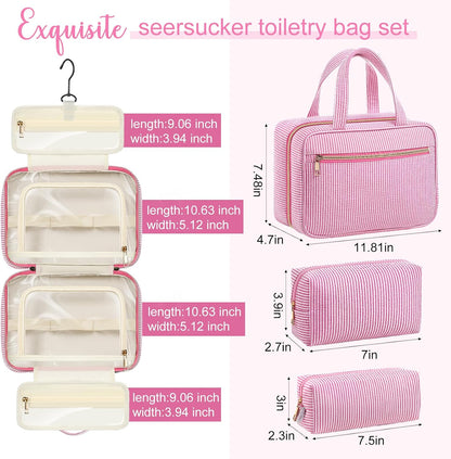 Sanwuta 3 Pcs Seersucker Toiletry Bag Set Stripe Makeup Bag, Rose Red