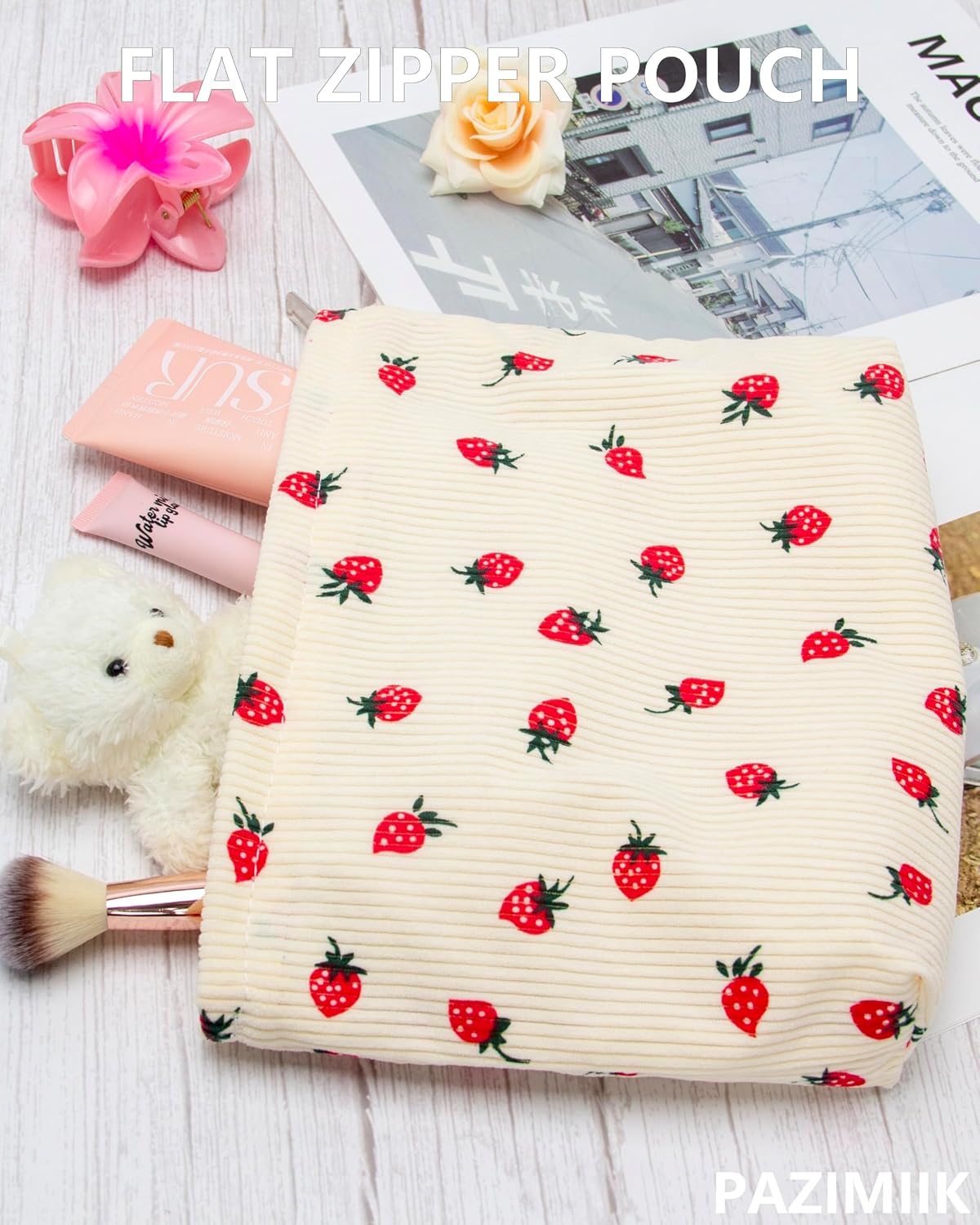 Flat Makeup Bag for Women,Zipper Cosmetic Pouch for Purse,Strawberry Beige
