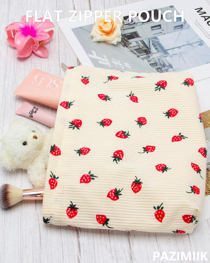 Flat Makeup Bag for Women,Zipper Cosmetic Pouch for Purse,Strawberry Beige