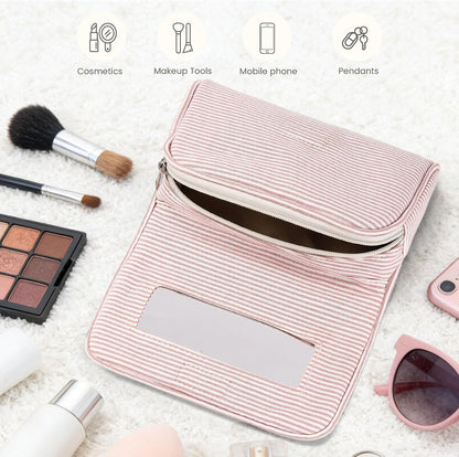 Women’s Cute Nylon Makeup Bag with Built-in Mirror, Protable Lightweight Cosmetic Bag, Trendy Toiletry Bag for Travel (Light Pink Stripe)