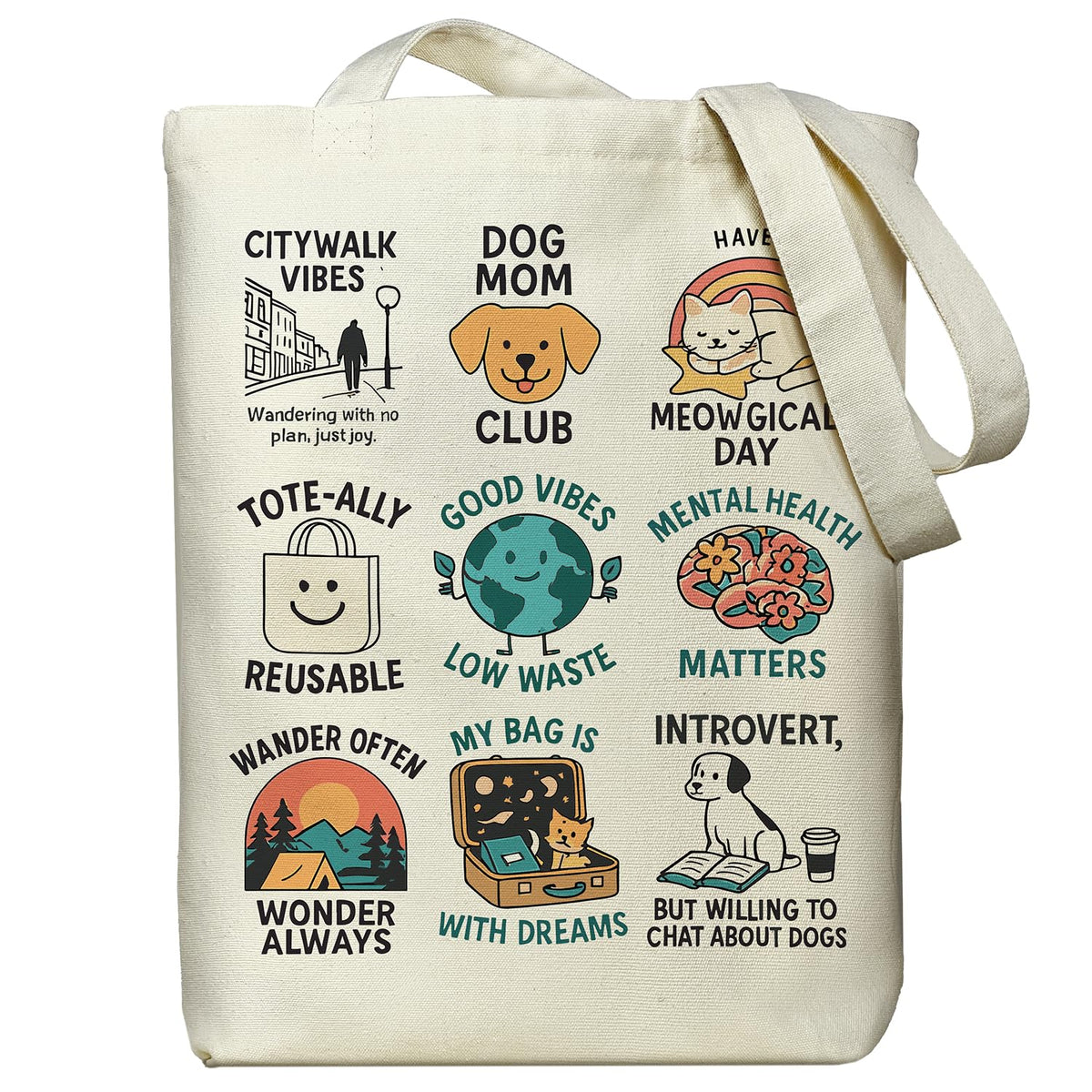 itgowisa Canvas Tote Bag with Zipper Pocket, Reusable Grocery Bag for Daily