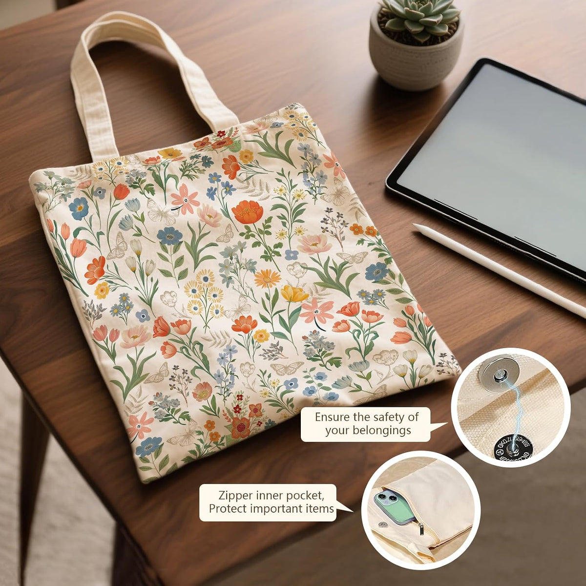 Aesthetic Canvas Tote Bag for Women - with Magnetic Snap Closure & Zipper Inner Pocket Reusable Bag for Shopping