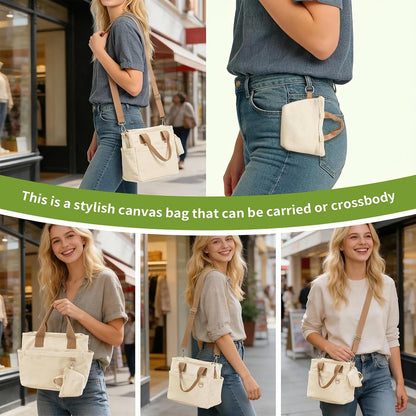 Small Canvas Tote Bag with Multi Pockets, Crossbody Shoulder Bag with Compartments and Zipper, Lightweight Adjustable