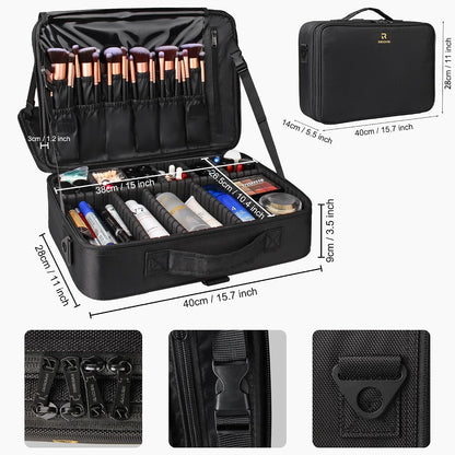 Relavel Makeup Case Large Makeup Bag Professional Train Case 16.5 inches Travel Cosmetic Organizer Brush Holder Waterproof Makeup Artist Storage Box, 3 Layer Large Capacity, with Adjustable Strap
