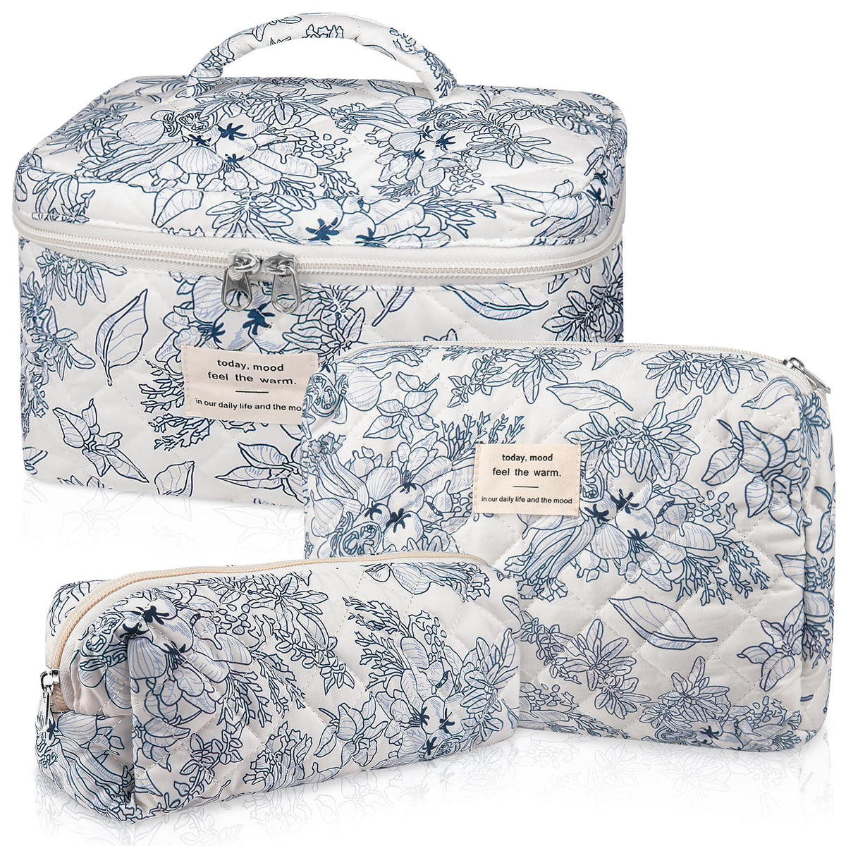 Gosect Makeup Bag Set, Quilted Makeup Bags, Large Floral Cosmetic Bag for Women, Cute Cotton Makeup Bags, Flower Travel Toiletry Organizer Bag (Folk Style)
