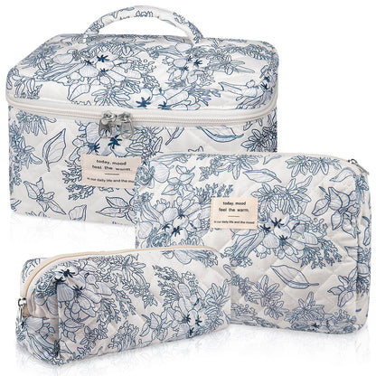 Gosect Makeup Bag Set, Quilted Makeup Bags, Large Floral Cosmetic Bag for Women, Cute Cotton Makeup Bags, Flower Travel Toiletry Organizer Bag (Folk Style)