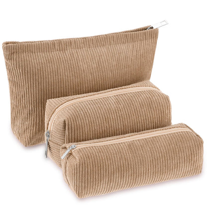 Huhumy 3 Pcs Corduroy Makeup Bag Set for Women, Pink, Solid Style