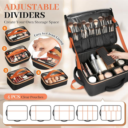 Makeup Backpack, Extra Large Makeup Case Bag with 4 Pouches, Professional Cosmetic Storage Organizer Bag with Adjustable Divider & Brush Slots, Travel Makeup Artist Kit Set Bag for Makeup Artists