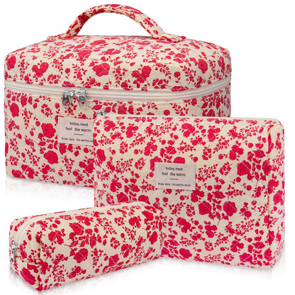 Gosect Makeup Bag Set, Quilted Makeup Bags, Large Floral Cosmetic Bag for Women, Cute Cotton Makeup Bags, Flower Travel Toiletry Organizer Bag (Folk Style)