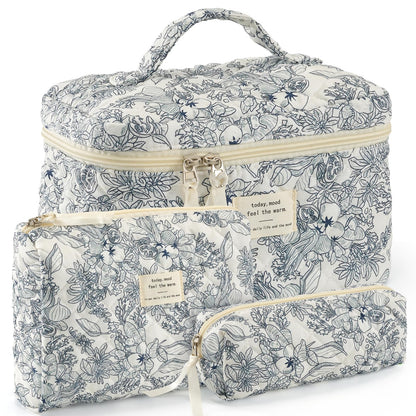 Makeup Bag for Women Quilted Cotton Make Up Bag Travel Cosmetic Bag Large Makeup Bag Cute Makeup Bags Organizer Floral Toiletry Bag Makeup Pouch for Purse, Pink Floral A-1PCS