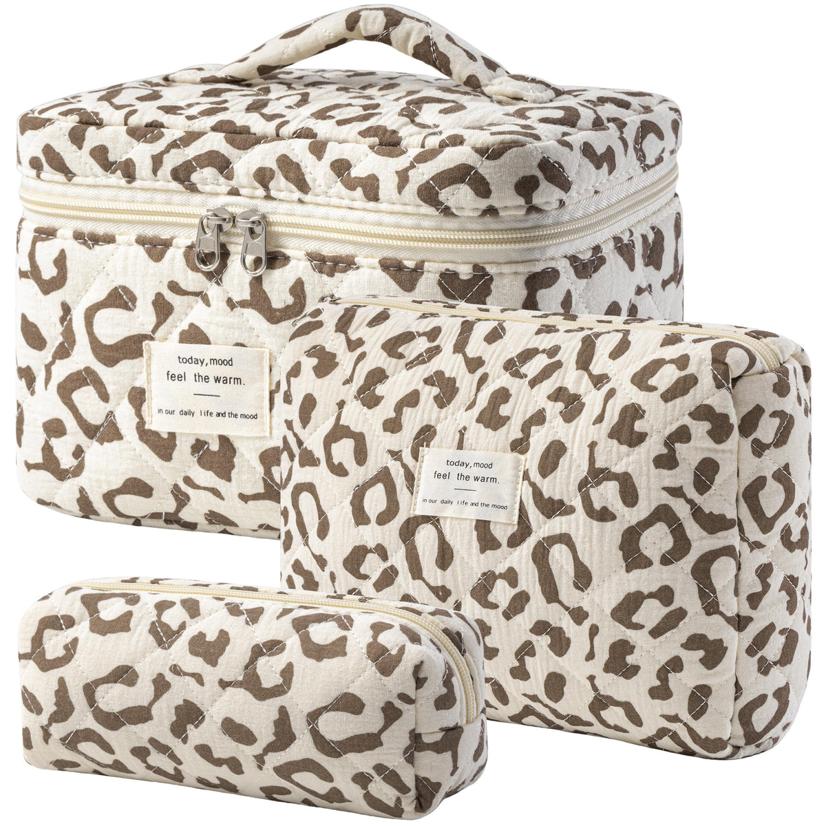 HBselect Quilted Makeup Bag, 3Pcs Cotton Large Travel Makeup Bags Organizer