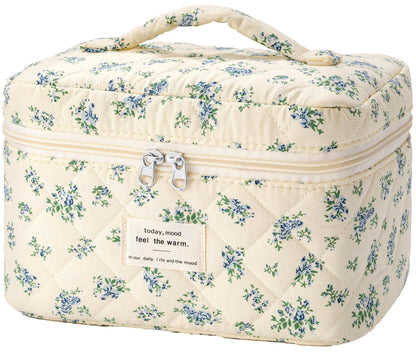 HBselect Large Quilted Makeup Bag for Women Cute Cotton Travel Cosmetic Bag
