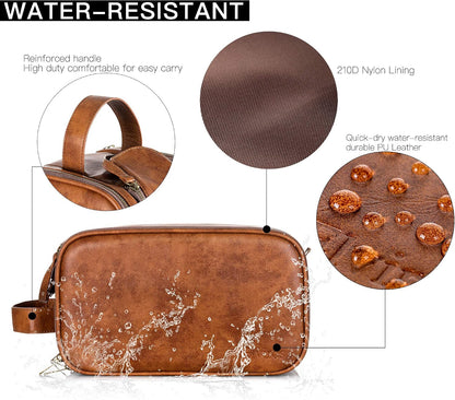 Elviros Travel Toiletry Bag for Men PU Leather Dopp Kit (Small, Brown)