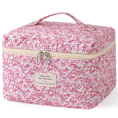 HBselect Large Quilted Makeup Bag for Women Cute Cotton Travel Cosmetic Bag