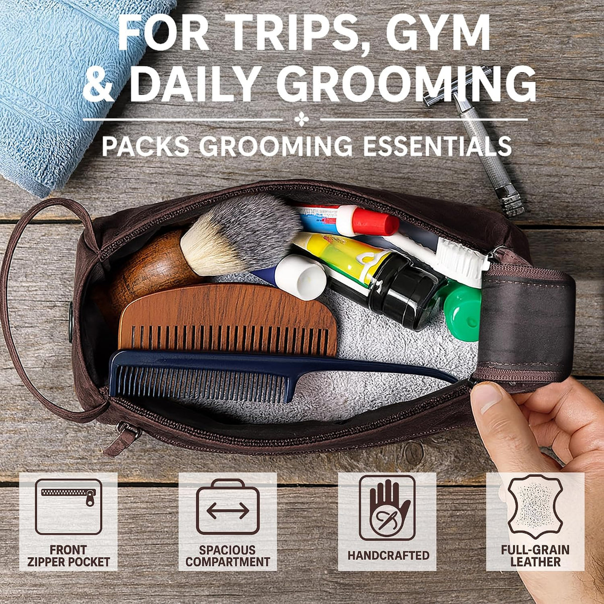 Leather Toiletry Bag for Men - Full Grain Travel Dopp Kit & Shaving Bag