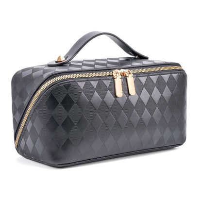 ALEXTINA Travel Makeup Bag, Woven PU Leather Cosmetic Bag, Khaki