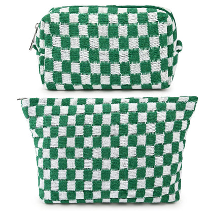 SOIDRAM 2 Pieces Makeup Bag Large Checkered Cosmetic Bag Capacity Canvas Mix Travel Toiletry Bag Organizer Cute Makeup Brushes Aesthetic Accessories Storage Bag for Women, Checkered Mix Rose Red