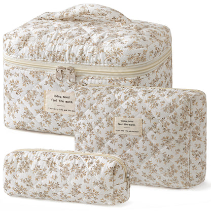 HBselect Quilted Makeup Bag, 3Pcs Cotton Large Travel Makeup Bags Organizer