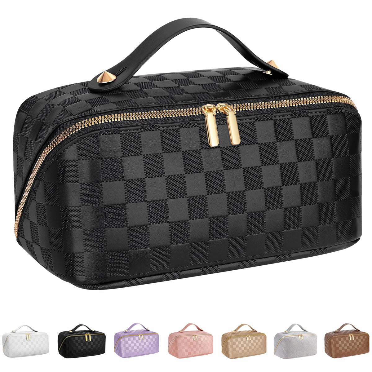 ALEXTINA Travel Makeup Bag, Woven PU Leather Cosmetic Bag, Khaki