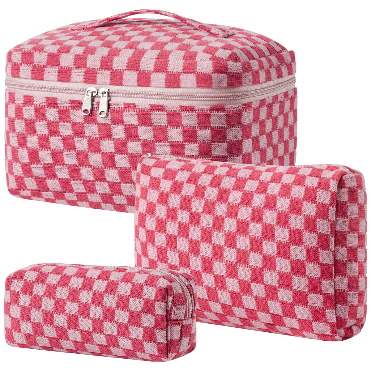 HBselect Quilted Makeup Bag, 3Pcs Cotton Large Travel Makeup Bags Organizer