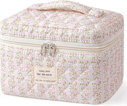 HBselect Large Quilted Makeup Bag for Women Cute Cotton Travel Cosmetic Bag