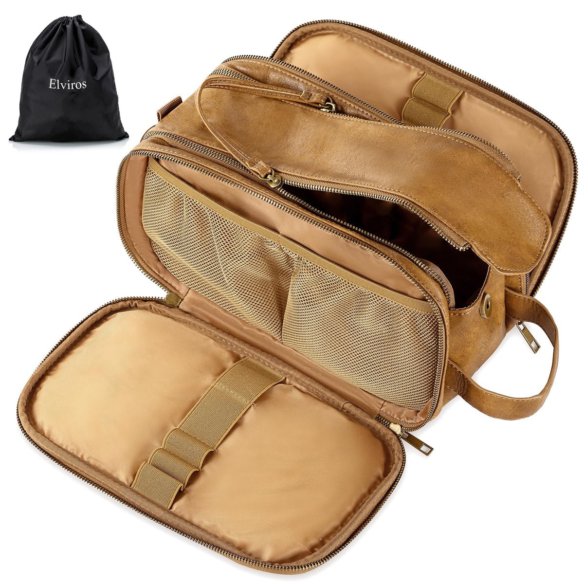 Elviros Travel Toiletry Bag for Men PU Leather Dopp Kit (Small, Brown)