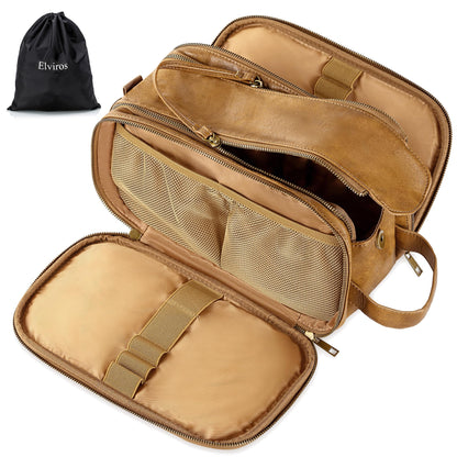 Elviros Travel Toiletry Bag for Men PU Leather Dopp Kit (Small, Brown)