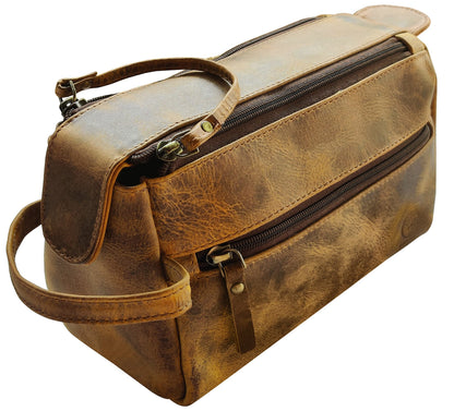Leather Toiletry Bag for Men - Full Grain Travel Dopp Kit & Shaving Bag