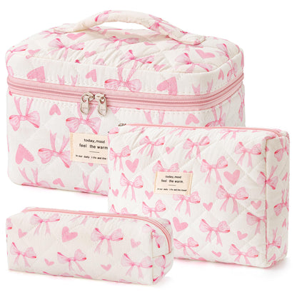 HBselect Quilted Makeup Bag, 3Pcs Cotton Large Travel Makeup Bags Organizer
