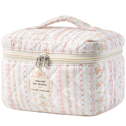 HBselect Large Quilted Makeup Bag for Women Cute Cotton Travel Cosmetic Bag