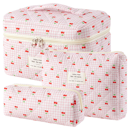 HBselect Quilted Makeup Bag, 3Pcs Cotton Large Travel Makeup Bags Organizer
