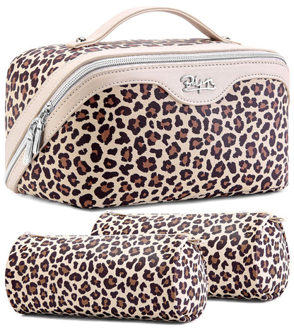 BOYATU Travel Makeup Bag Organizer: 3 Pcs Leopard Cometic Bag Set for Women