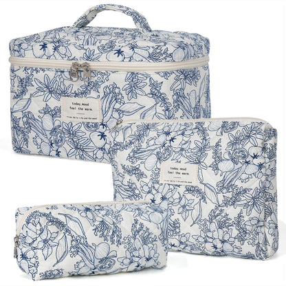 Makeup Bag,Quilted Cosmetic Bag,Large Floral Make Up Bag for Women,Cotton Makeup Bag Set,Flower Travel Toiletry Bag