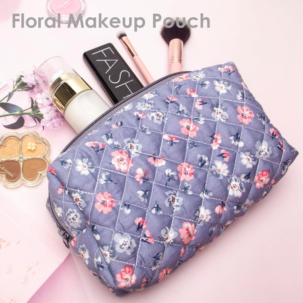 PAZIMIIK Small Quilted Makeup Bag,Zipper Cosmetic Pouch,Grey Floral